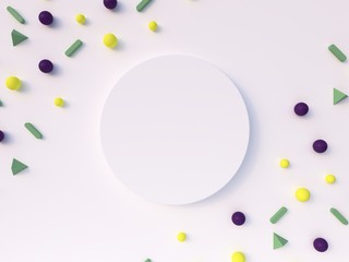White circle on white background with  yellow, green and violet geometrical forms. Blank template for flyer or advertisement.  Flat lay, top view, front view, copy space. Trendy banner. 3D rendering.