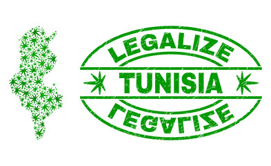 Vector cannabis Tunisia map collage and grunge textured Legalize stamp seal. Concept with green weed leaves. Concept for cannabis legalize campaign.