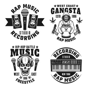Rap and hip-hop four vector monochrome emblems