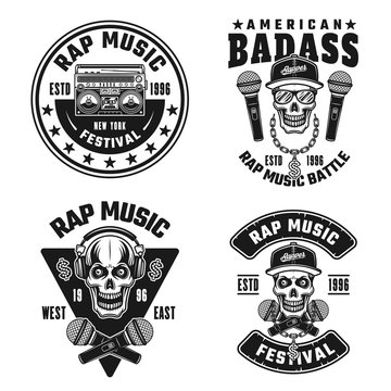 Rap and hip-hop set of four vector black emblems