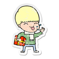 distressed sticker of a cartoon boy sticking out tongue
