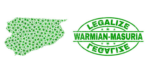 Vector cannabis Warmian-Masurian Voivodeship map mosaic and grunge textured Legalize stamp seal. Concept with green weed leaves. Template for cannabis legalize campaign.