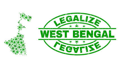 Vector cannabis West Bengal State map collage and grunge textured Legalize stamp seal. Concept with green weed leaves. Concept for cannabis legalize campaign.