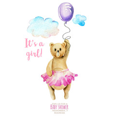 Watercolor cute bear ballet dancer holding air balloon, hand drawn on a white background, baby shower card design