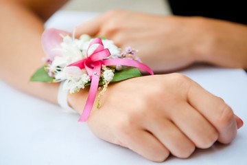Flower wedding decor with ribbon.