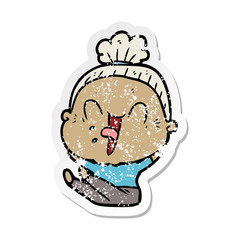 distressed sticker of a cartoon happy old woman