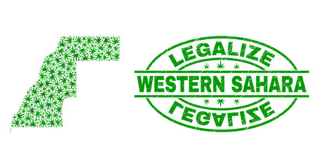 Vector cannabis Western Sahara map collage and grunge textured Legalize stamp seal. Concept with green weed leaves. Concept for cannabis legalize campaign.