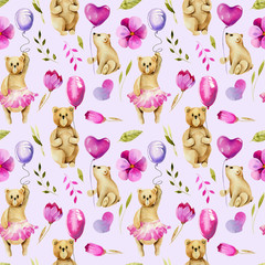 Plakat Seamless pattern of watercolor bears holding air balloons, pink flowers and plants, hand drawn on a grey background