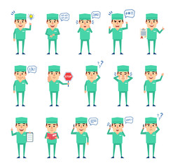 Set of doctor characters showing various actions. Cheerful doctor talking on phone, holding stop sign, thinking and showing other actions. Flat design vector illustration