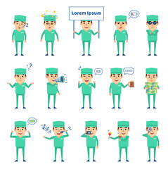 Set of doctor characters showing diverse actions. Cheerful doctor singing, holding signboard, loudspeaker and showing other actions. Flat design vector illustration