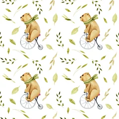 Foto op Plexiglas Naadloze patroon van aquarel schattige beren op een fiets en groene plant elementen, met de hand getekend op een witte achtergrond © nastyasklyarova