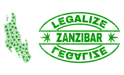 Vector cannabis Zanzibar Island map mosaic and grunge textured Legalize stamp seal. Concept with green weed leaves. Concept for cannabis legalize campaign.