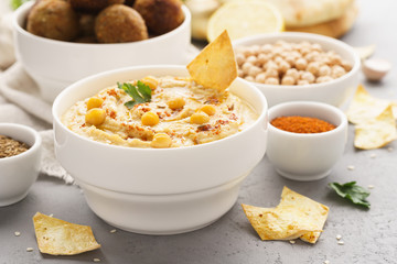 Traditional homemade hummus and falafel served with pita, chips.