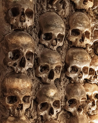 Skull and human bones. Cemetery ancient wall pattern. Horror dark chapel. Death pattern concept. Scary skeleton background. Old catacomb grave full of skulls. Plague tomb