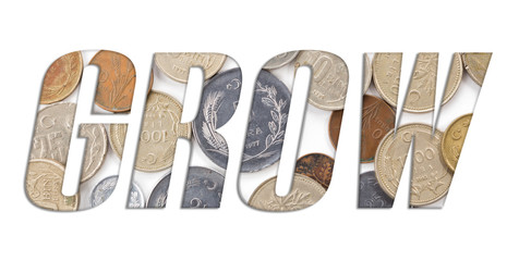 GROW  word with stack of old Turkish coins on white background