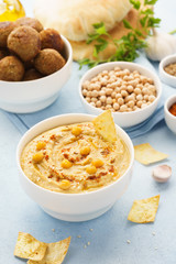 Middle eastern dishes and assorted meze. Falafel, hummus, pita.