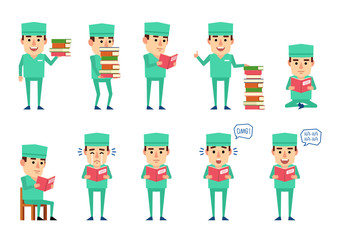Set of doctor characters posing with book in various situations. Cheerful doctor reading a book, sitting, crying, laughing and showing other actions. Flat design vector illustration