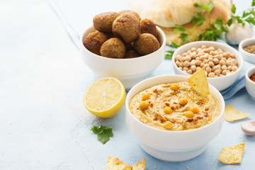 Hummus dip with chips, pita and falafel. Healthy food.