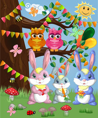 A family of three bunnies in a forest glade. Mom, dad, baby. Spring, postcard