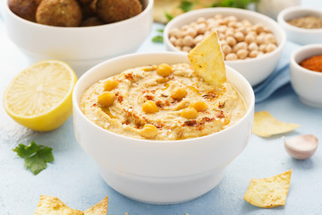 Hummus dip with chips, pita and falafel. Healthy food.