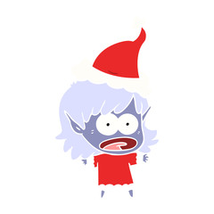flat color illustration of a shocked elf girl wearing santa hat