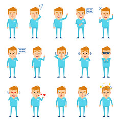 Set of doctor characters showing various emotions. Cheerful doctor laughing, sleeping, tired, surprised, in love and showing other emotions. Flat design vector illustration