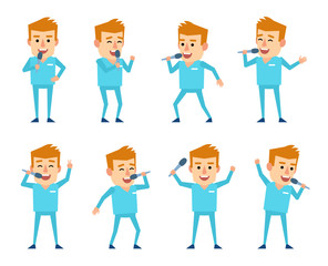 Set of doctor characters posing with microphone in various situations. Cheerful doctor singing. Flat design vector illustration