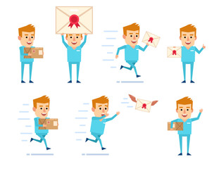 Set of doctor characters posing with letter in various situations. Cheerful doctor holding letter, parcel box, running and showing other actions. Flat design vector illustration
