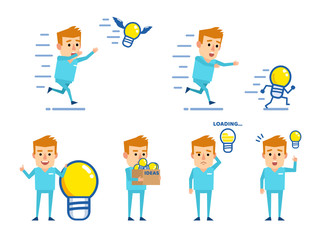 Set of doctor characters posing with idea light bulb in various situations. Cheerful doctor chasing idea, running, thinking and showing other actions. Flat design vector illustration