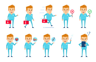 Obraz na płótnie Canvas Set of doctor characters showing diverse actions. Cheerful doctor holding medical bag, running, walking and showing other actions. Flat design vector illustration