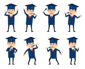 Set of graduate student characters posing with microphone in various situations. Cheerful graduate singing. Flat design vector illustration