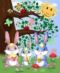 Obraz na płótnie Canvas A family of three bunnies in a forest glade. Mom, dad, baby. Spring, postcard