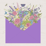 Summer bouquet. Rustic. Meadow and garden flowers. Vector vintage illustration. Violet envelope