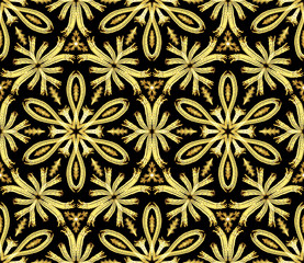 Glowing golden stylized flowers - hand drawn seamless pattern
