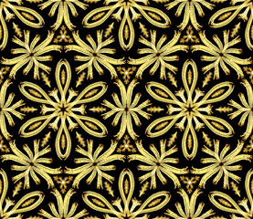 Glowing golden stylized flowers - hand drawn seamless pattern