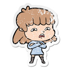 distressed sticker of a cartoon worried woman