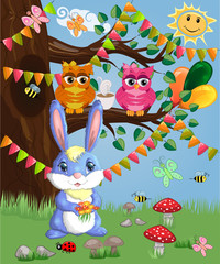 Blue bunny with a bouquet on a forest glade. Spring,