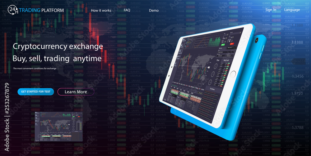 Aufkleber web site screen template. forex market, news and analysis. binary option. application screen for tra