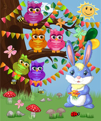 Blue bunny with a bouquet on a forest glade. Spring,