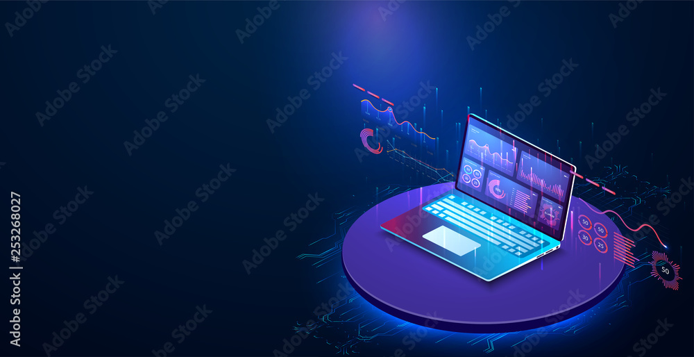 Poster application of laptop with business graph and analytics data on isometric laptop . analysis trends a