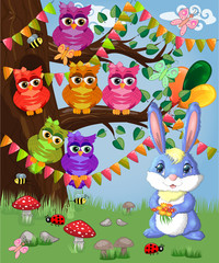 Fototapeta premium Niebieski króliczek z bukietem na leśnej polanie. Wiosna,