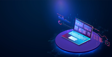 Application of laptop with business graph and analytics data on isometric laptop . Analysis trends and financial strategy by using infographic chart. Online statistics and data Analytics. Vector 