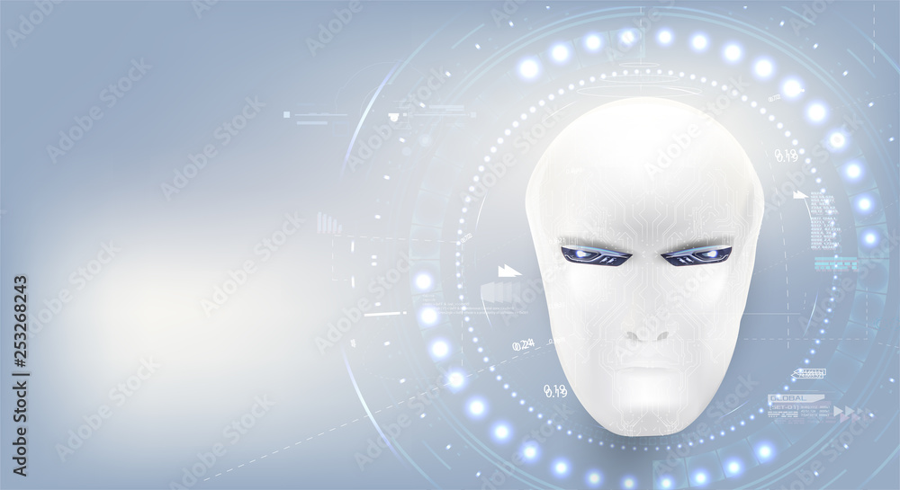 Fototapete artificial intelligence.white male cyborg technology background landing page represent artificial in