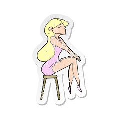 retro distressed sticker of a cartoon woman sitting on stool