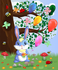 Blue bunny with a bouquet on a forest glade. Spring,