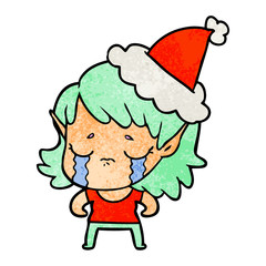 textured cartoon of a crying elf girl wearing santa hat