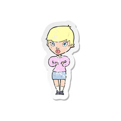 retro distressed sticker of a cartoon woman gesturing at self