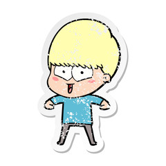 distressed sticker of a cartoon happy boy