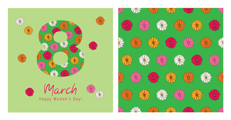 Greeting card with March 8 and seamless pattern. International Women's Day. 8 shape with spring flowers. Vector illustration.