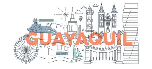 Typography word Guayaquil branding technology concept. Collection of flat vector web icons. Ecuador culture travel set, architectures, specialties detailed silhouette. Doodle famous landmarks.